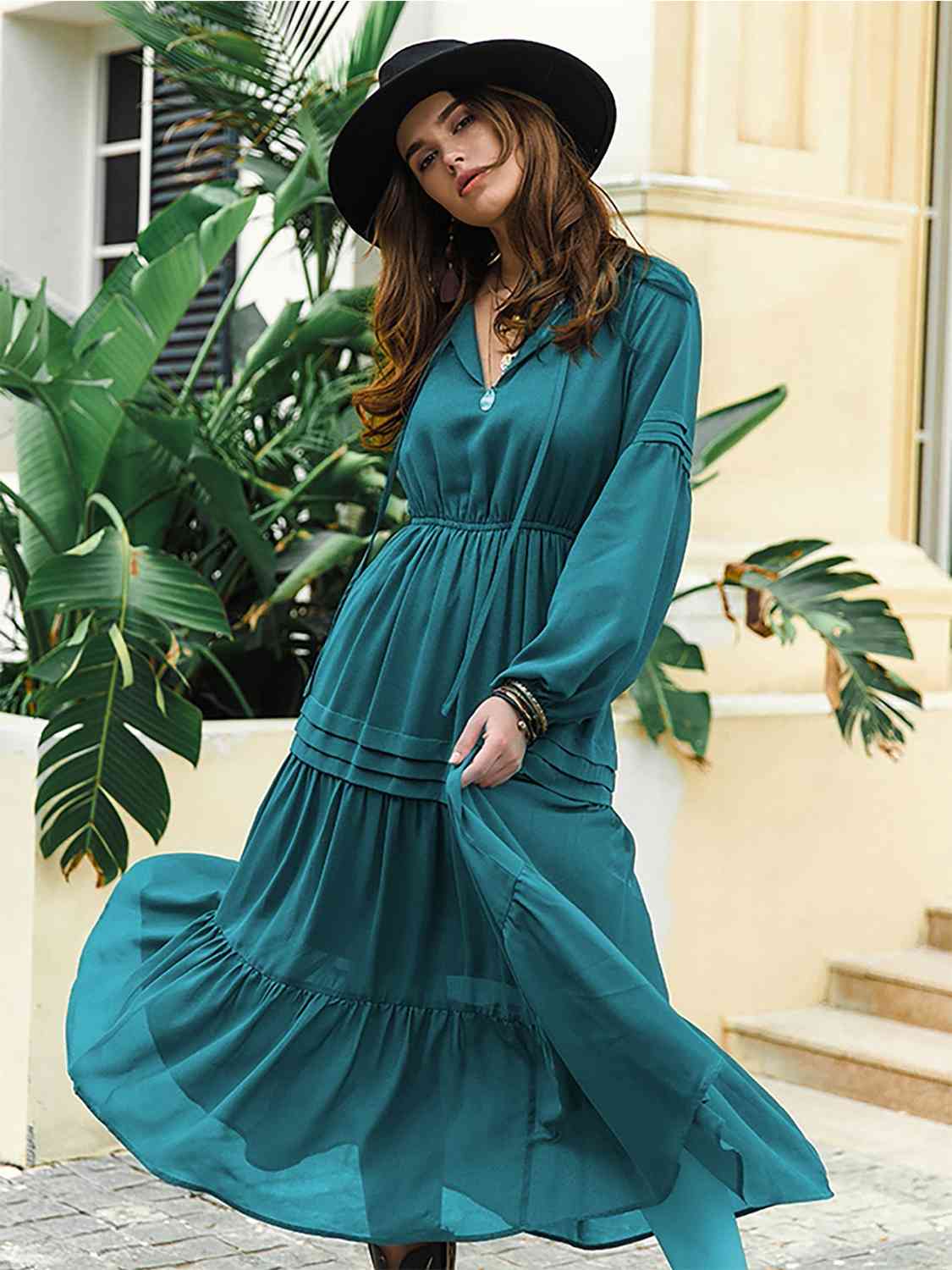 Tie Neck Long Sleeve Midi Tiered Dress [Spirit and Rebel] Peacock  Blue S 