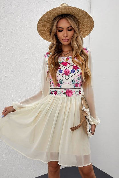 White Boho Floral Mesh Sleeve Lined Dress [Spirit and Rebel]   