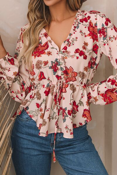 Boho Floral V-Neck Drawstring Peplum Blouse [Spirit and Rebel]   