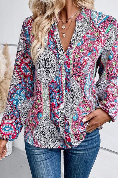 Printed Notched Long Sleeve Shirt [Spirit and Rebel] Multicolor S 