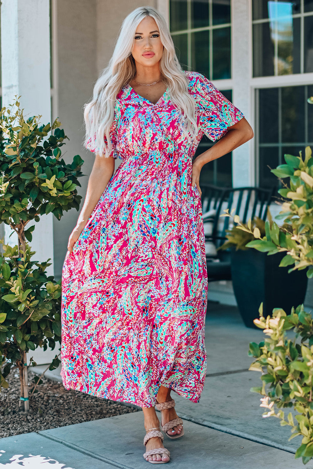 Multicolored V-Neck Boho Maxi Dress [Spirit and Rebel] Hot Pink S 