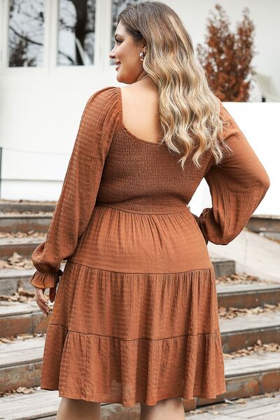 Boho Chic  Plus Size Smocked Square Neck Tiered Dress [Spirit and Rebel]   