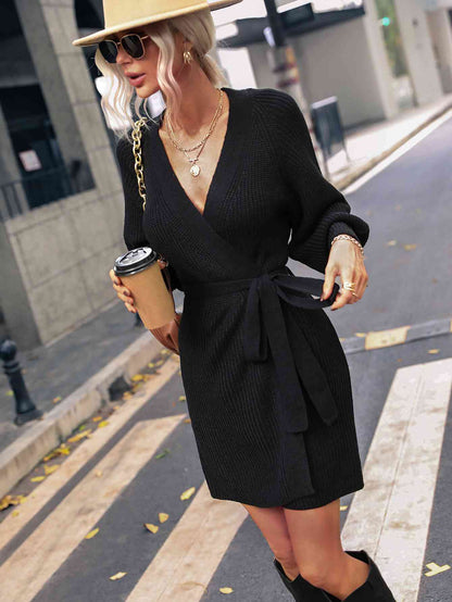 Belted Surplice Lantern Sleeve Wrap Sweater Dress [Spirit and Rebel]   