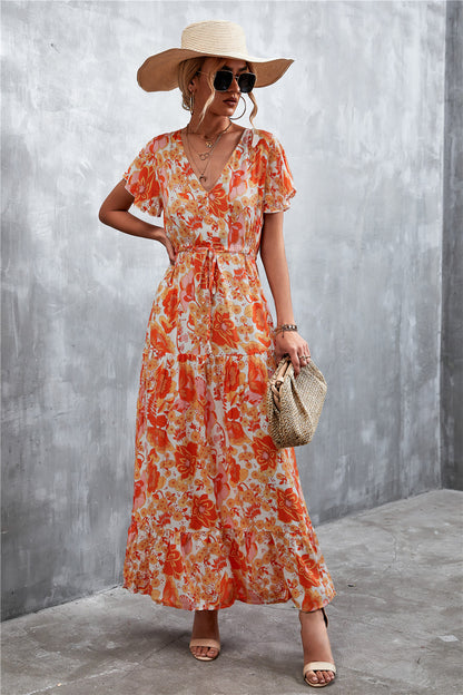 Floral Buttoned Drawstring Waist Tiered Boho Dress [Spirit and Rebel]   