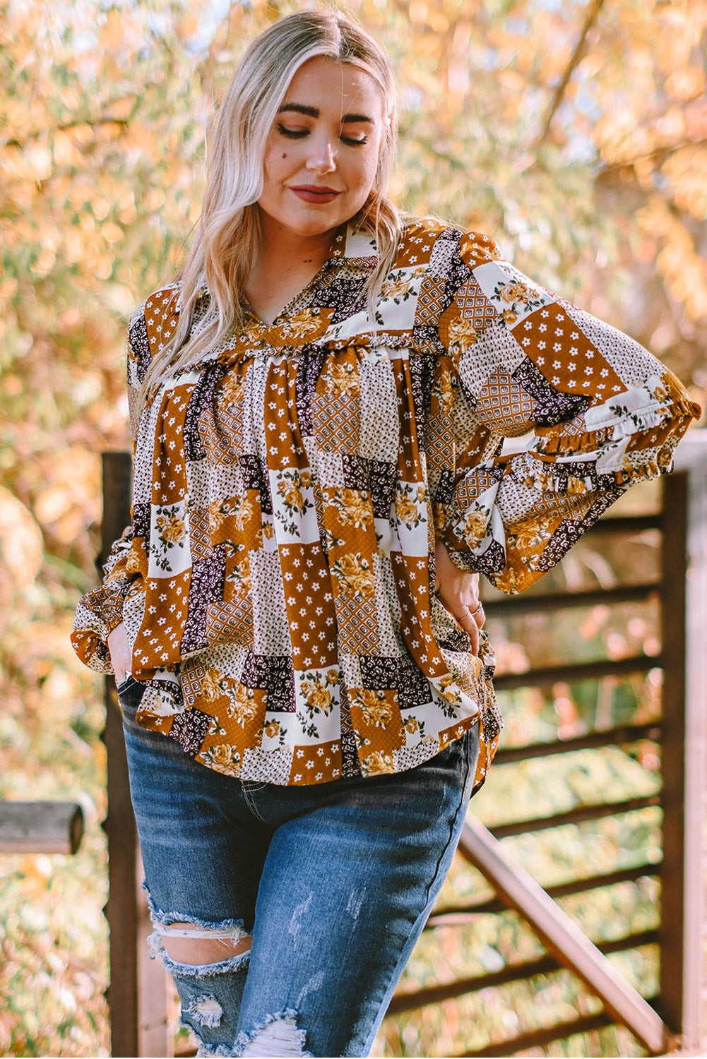 Bohemian Plus Size Patchwork Balloon Sleeve Blouse [Spirit and Rebel]   