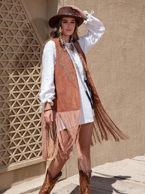 Boho Chic  Fringe Hem Open Front Vest [Spirit and Rebel] Chestnut S 