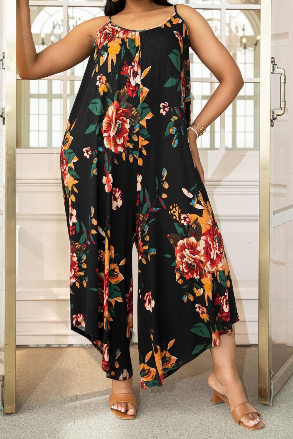 Plus Size Printed Spaghetti Strap Wide Leg Boho Jumpsuit Playsuit [Spirit and Rebel] Black 0X 