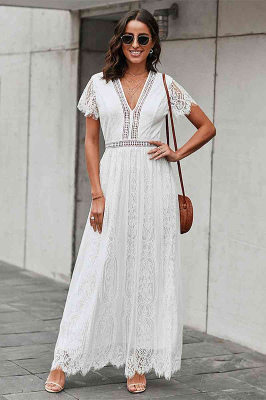 White Boho Lace Hollow-Out V Neck Maxi Hippie Dress [Spirit and Rebel]   