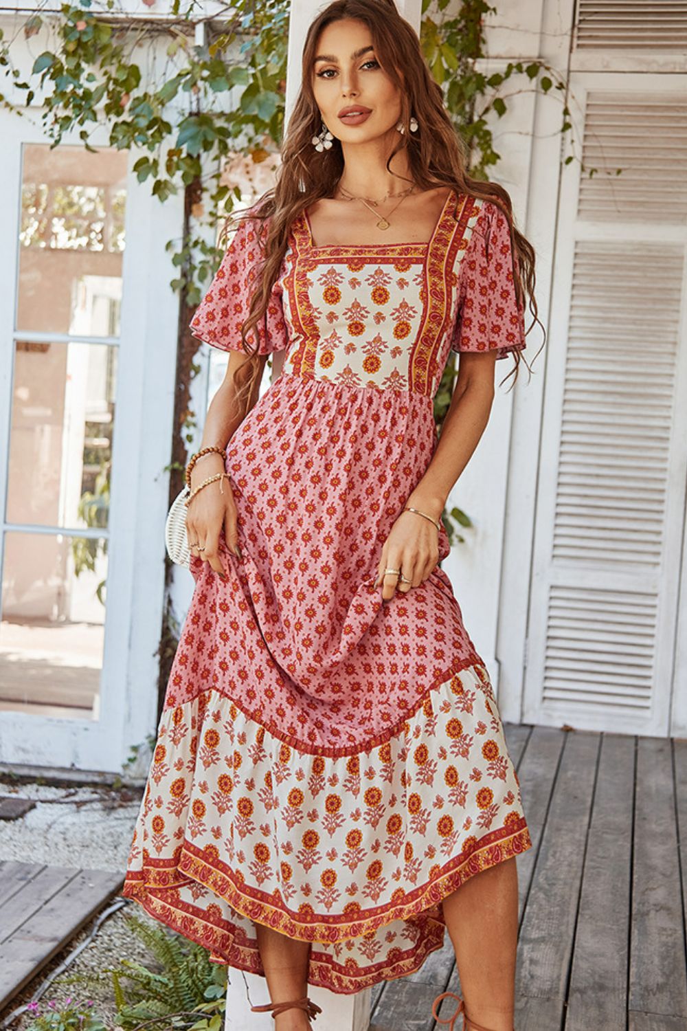 Bohemian Square Neck Flutter Sleeve Maxi Dress [Spirit and Rebel] Pink S 