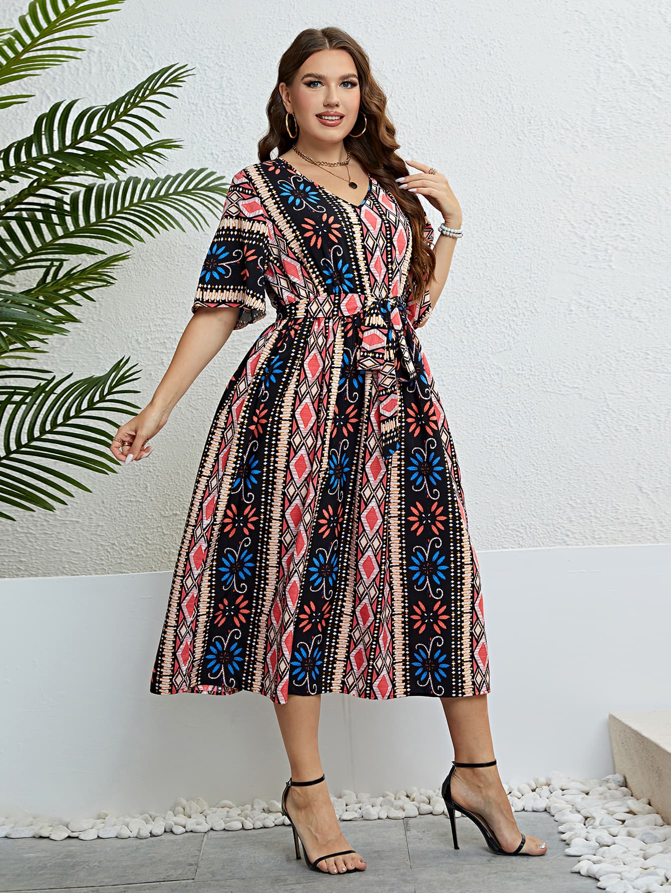 Plus Size Bohemian V-Neck Tie Belt Boho Midi Dress [Spirit and Rebel]   