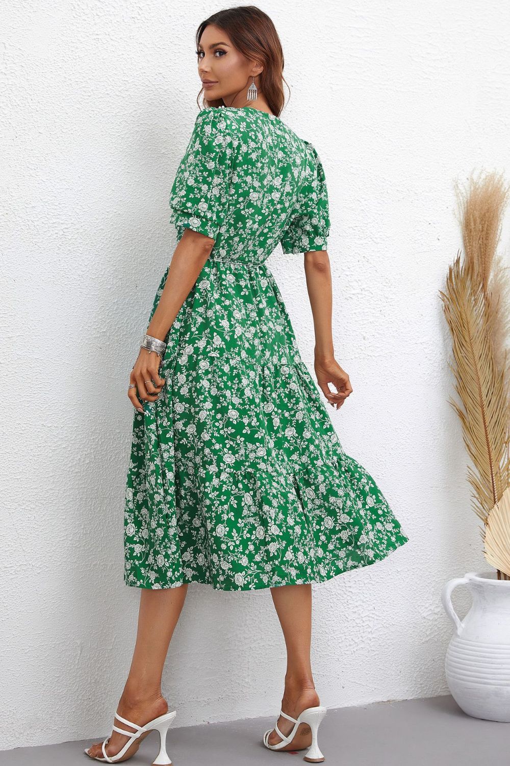 Boho Chic Floral Tie Waist Puff Sleeve Midi Dress [Spirit and Rebel]   