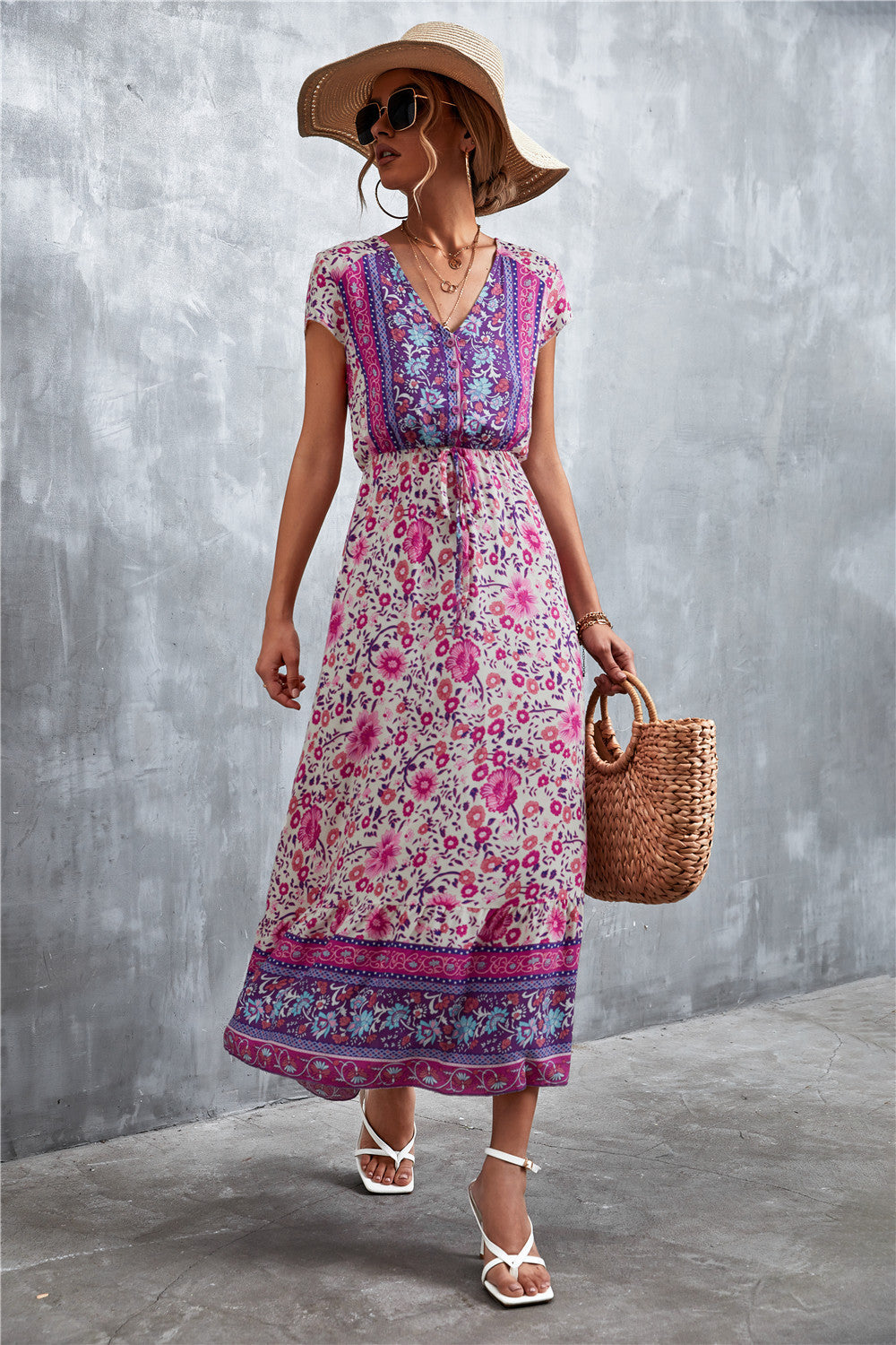 V-Neck Short Sleeve Printed Maxi Dress [Spirit and Rebel] Purple S 