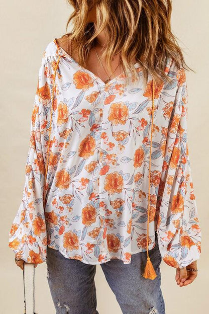 Floral Tie Neck Balloon Sleeve Blouse [Spirit and Rebel] Pumpkin S 