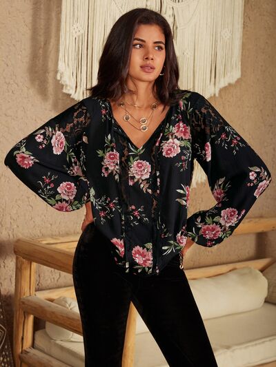 Flower Printed Tie Neck Long Sleeve Blouse [Spirit and Rebel]   