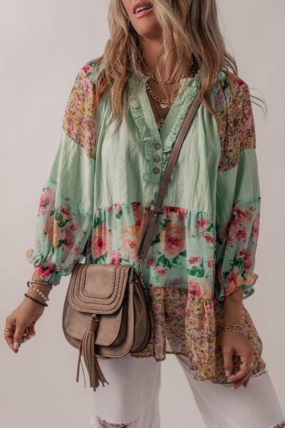 Boho Chic  Floral Frill Trim Buttoned Notched Tiered Blouse [Spirit and Rebel] Sage S 