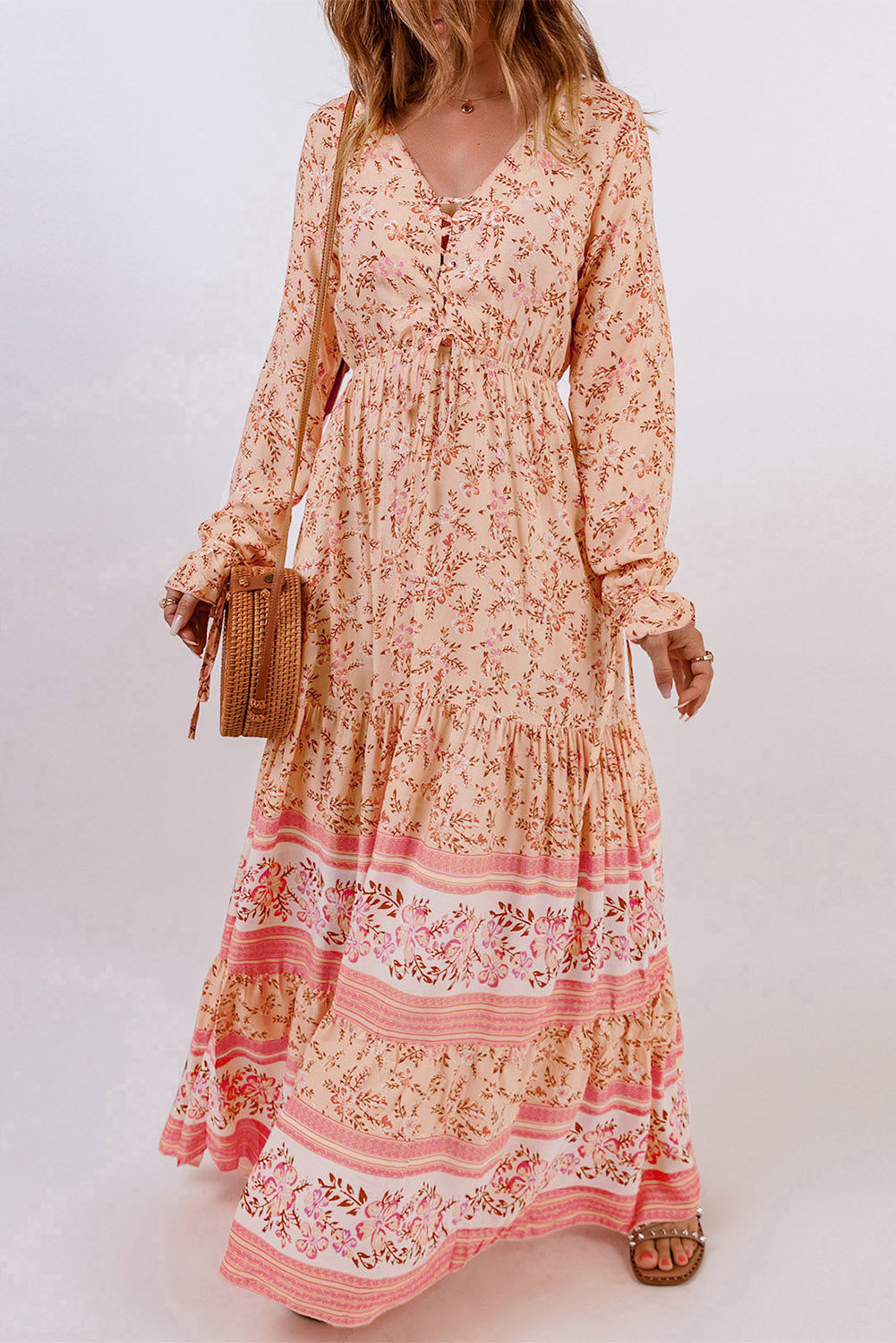 Bohemian Lace-Up Long Sleeve Maxi Dress [Spirit and Rebel] Peach S 