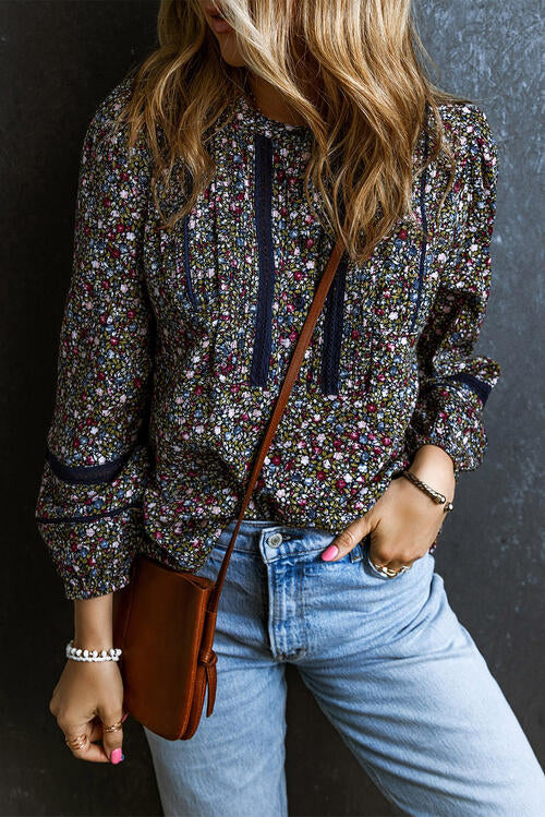 Boho Chic  Heathered Round Neck Long Sleeve Blouse [Spirit and Rebel]   