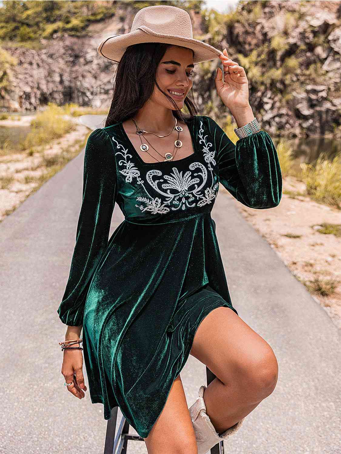 Embroidered Square Neck Long Sleeve Dress [Spirit and Rebel]   