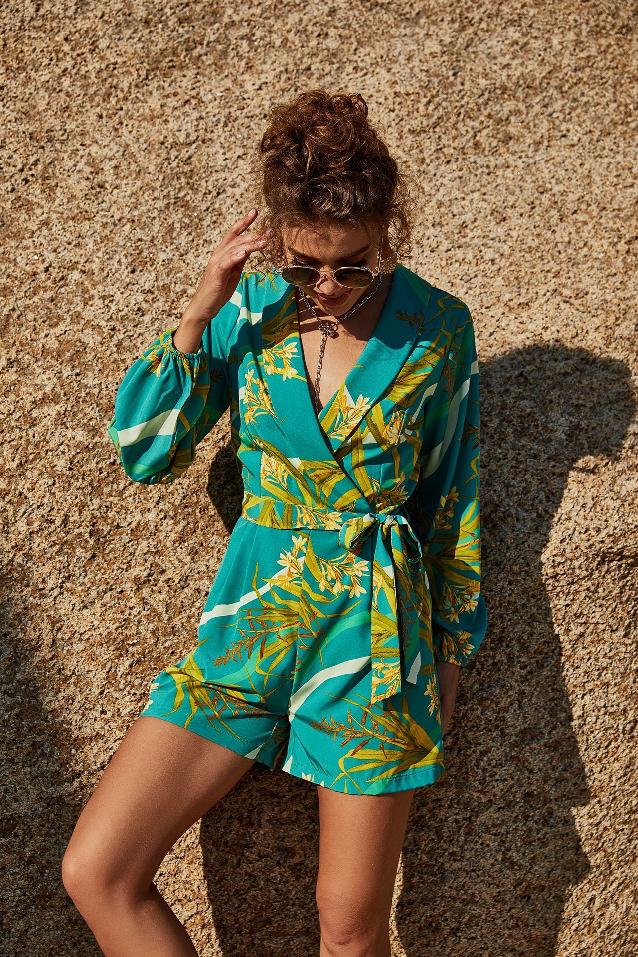 Botanical Print Long Sleeve Boho Playsuit Romper [Spirit and Rebel]   