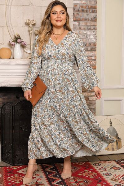 Plus Size Printed Balloon Sleeve Ruffle Hem Dress [Spirit and Rebel]   