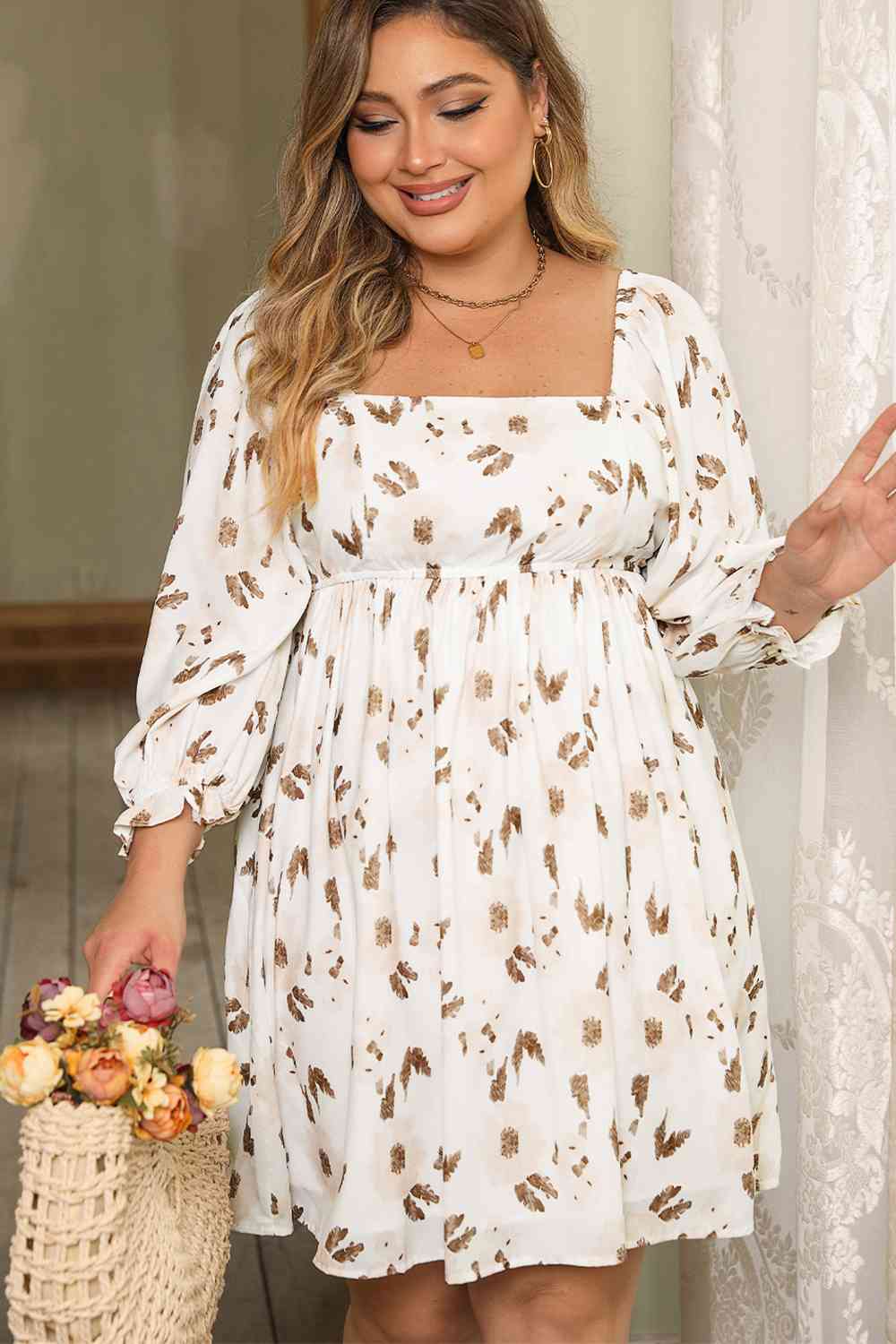 Plus Size Printed Square Neck Mini Dress [Spirit and Rebel]   