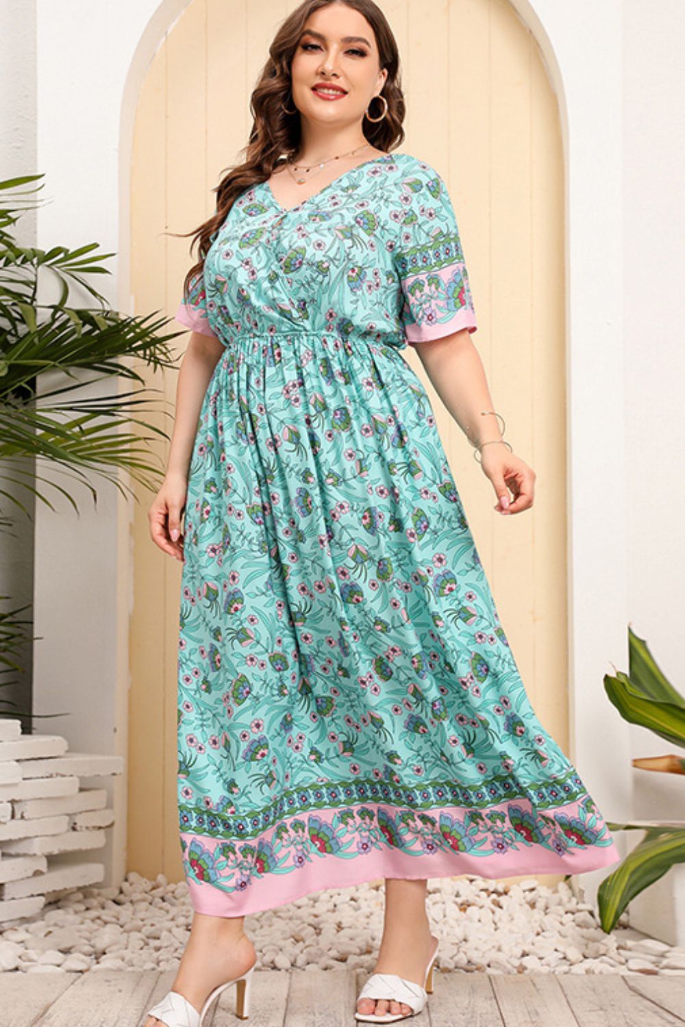 Plus Size Bohemian V-Neck Short Sleeve Maxi Dress [Spirit and Rebel]   