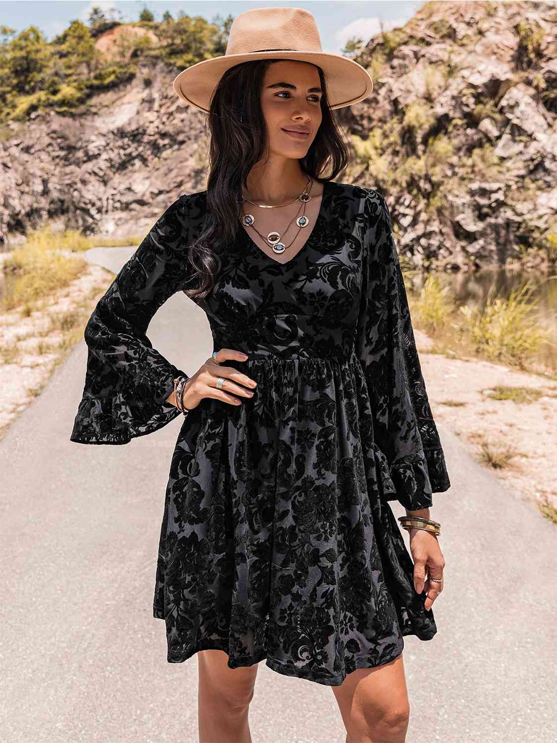 Floral V-Neck Flare Sleeve Mini Dress [Spirit and Rebel]   