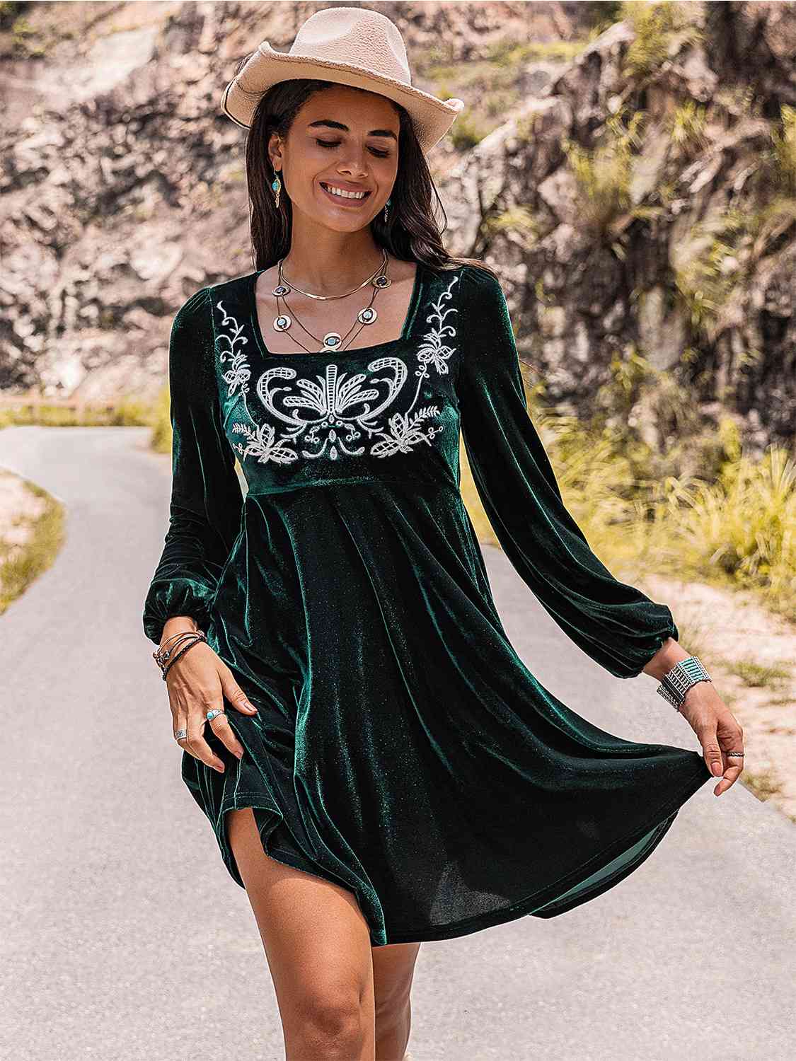 Embroidered Square Neck Long Sleeve Dress [Spirit and Rebel]   