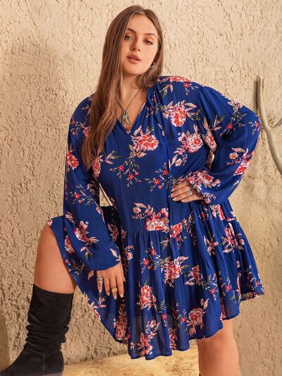 Plus Size Printed Tie Neck Balloon Sleeve Mini Dress [Spirit and Rebel]   