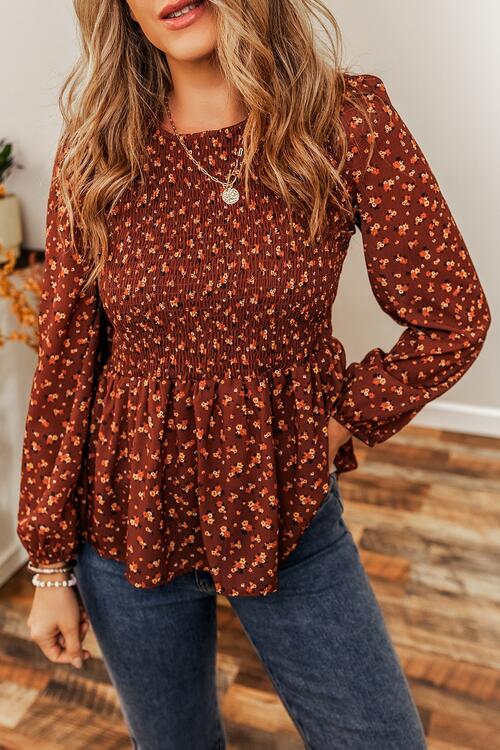 Floral Smocked Ruffle Hem Long Sleeve Blouse [Spirit and Rebel]   