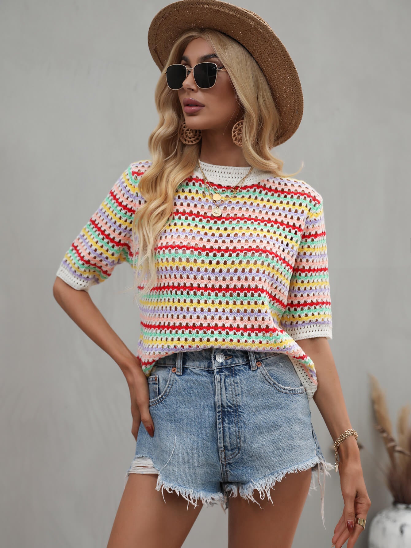 Bohemian Striped Openwork Half Sleeve Knit Top [Spirit and Rebel]   