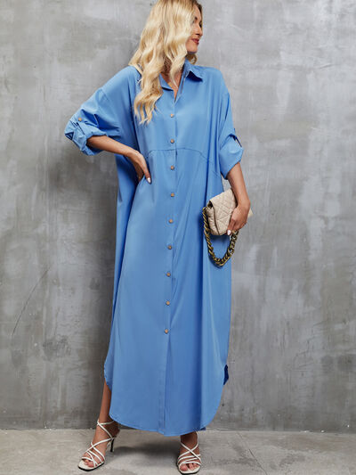 Button Up Dropped Shoulder Roll-Tab Sleeve Dress [Spirit and Rebel]   