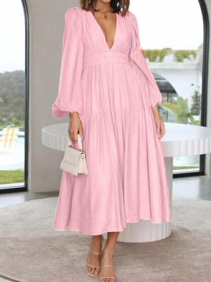 Deep V-Neck Balloon Sleeve Plain Maxi Dress [Spirit and Rebel] Blush Pink S 