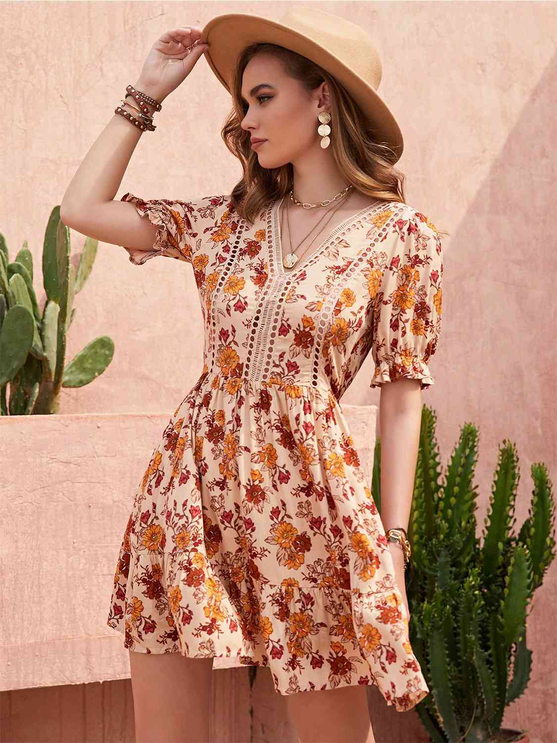 Floral V-Neck Flounce Sleeve Ruffle Hem Dress [Spirit and Rebel]   