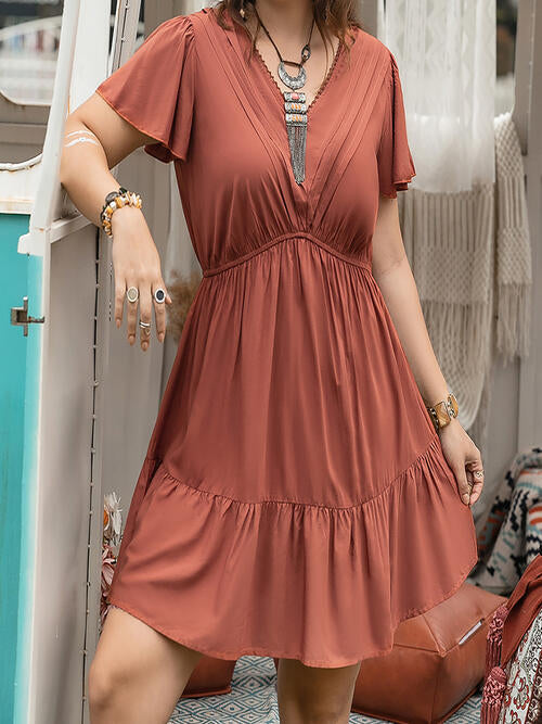 Double Take Plus Size Ruffle Hem V-Neck Short Sleeve Dress [Spirit and Rebel]   