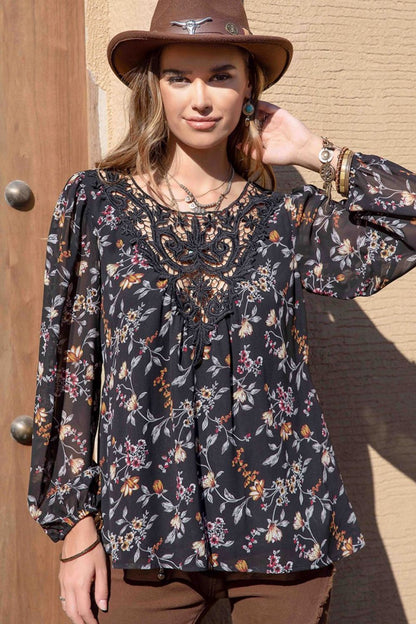 Printed Round Neck Long Sleeve Boho Chic Blouse [Spirit and Rebel]   