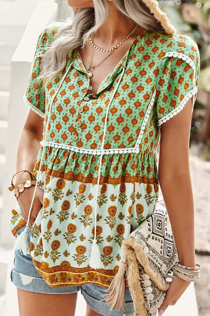 Bohemian Tie Neck Buttoned Blouse [Spirit and Rebel]   