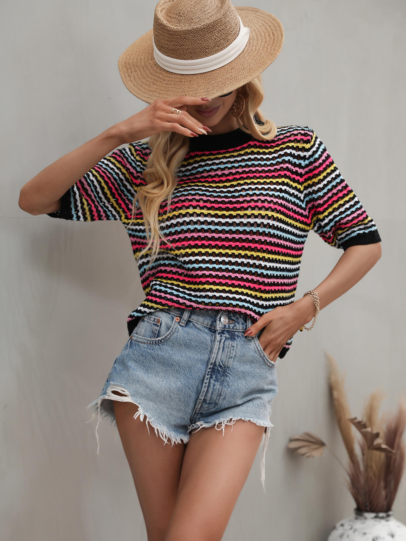 Bohemian Striped Openwork Half Sleeve Knit Top [Spirit and Rebel]   