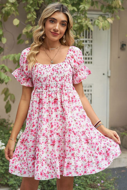 Printed Flounce Sleeve Smocked Boho Dress [Spirit and Rebel] Hot Pink S 