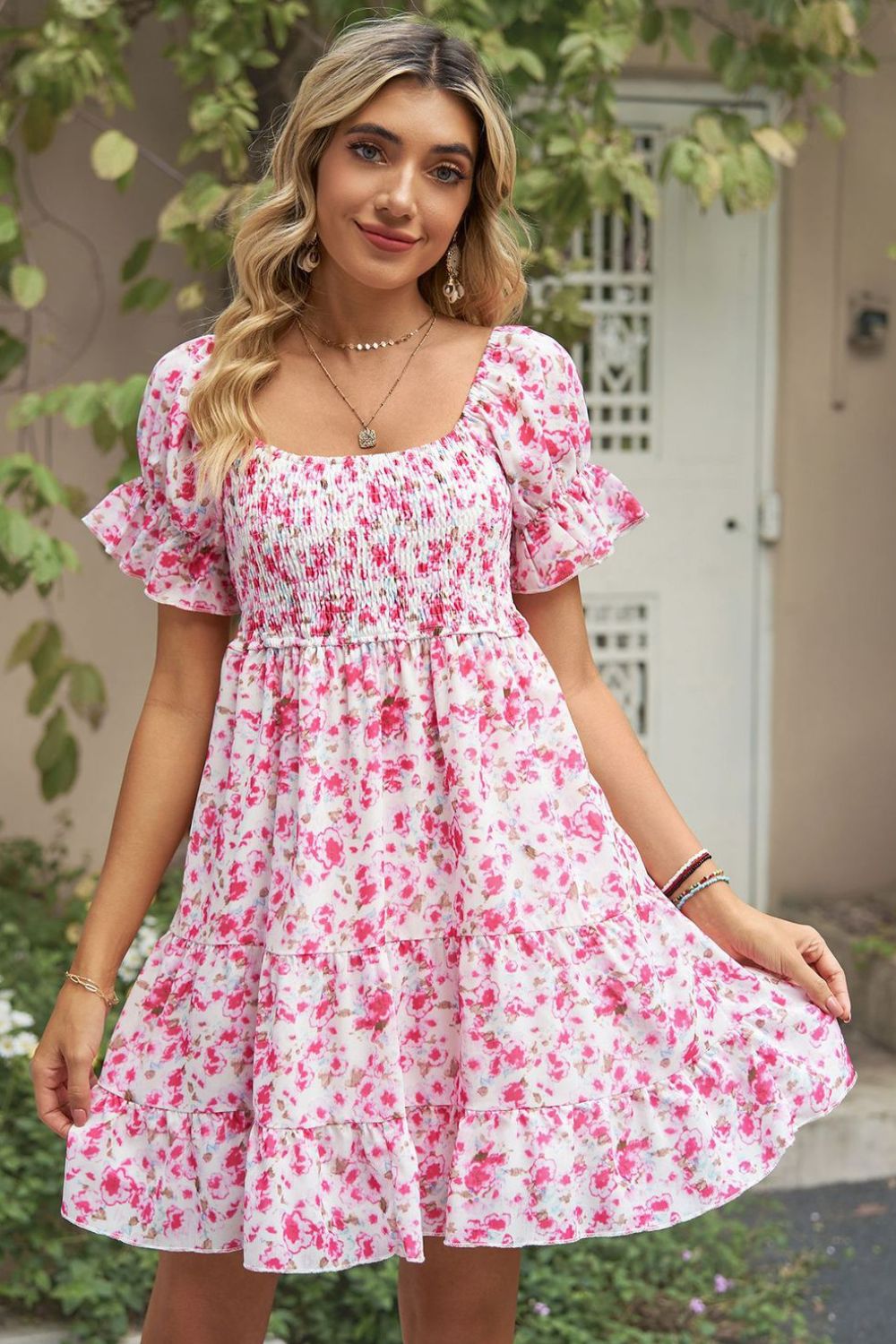 Printed Flounce Sleeve Smocked Boho Dress [Spirit and Rebel]   