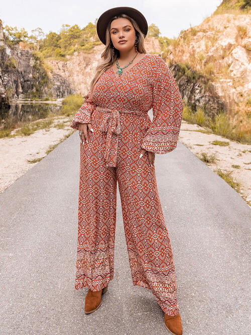 Boho Chic  Plus Size Printed V-Neck Tie Front Balloon Sleeve Jumpsuit [Spirit and Rebel] Floral 0XL 