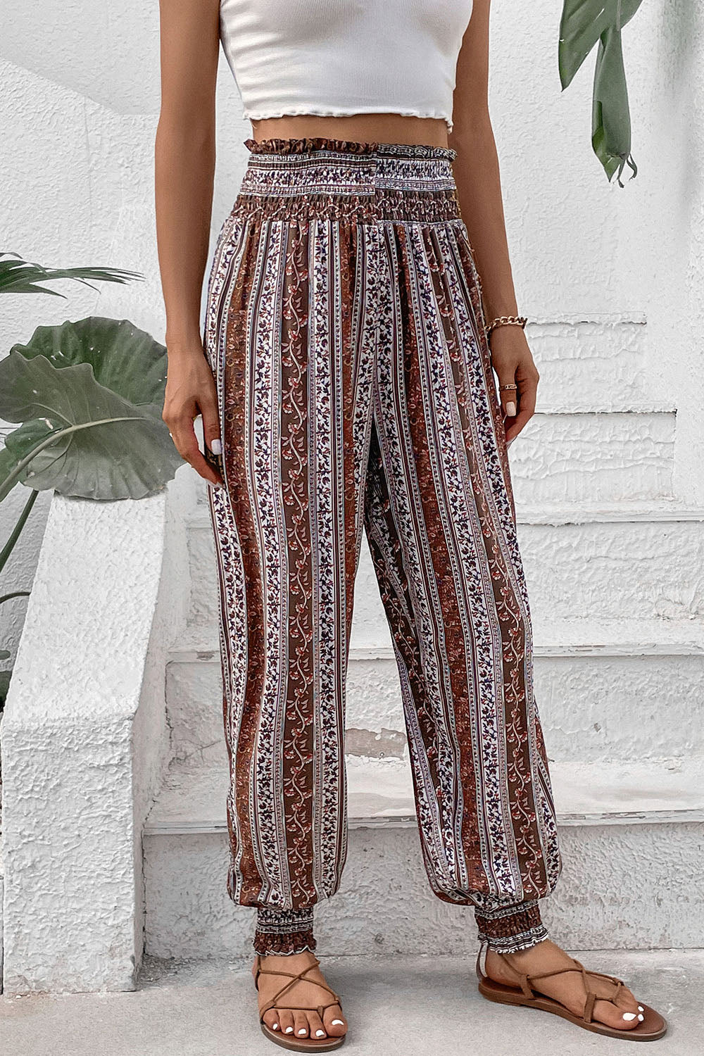 Smocked Printed High Waist Pants [Spirit and Rebel]   