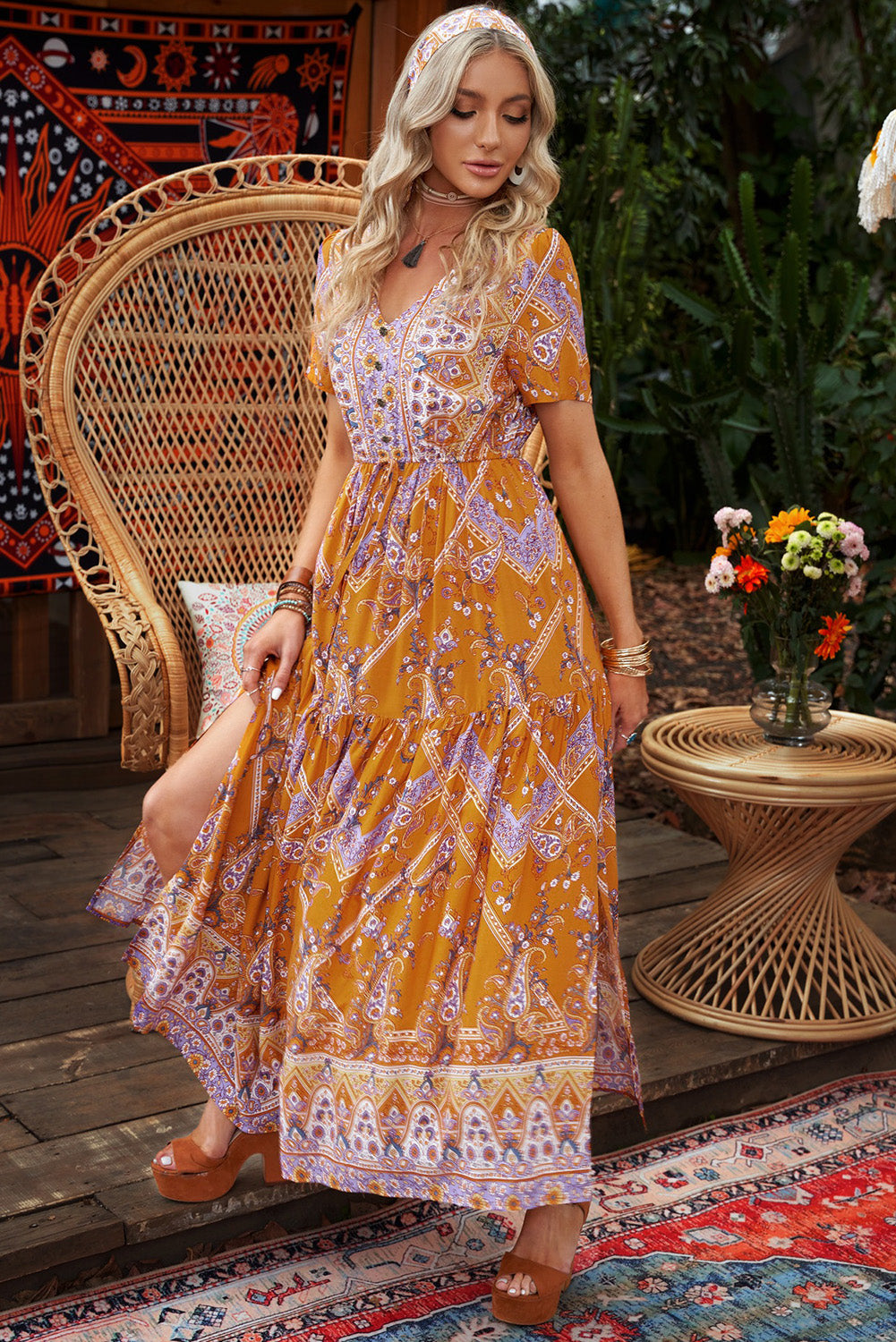 Bohemian Side Slit V-Neck Maxi Dress [Spirit and Rebel]   