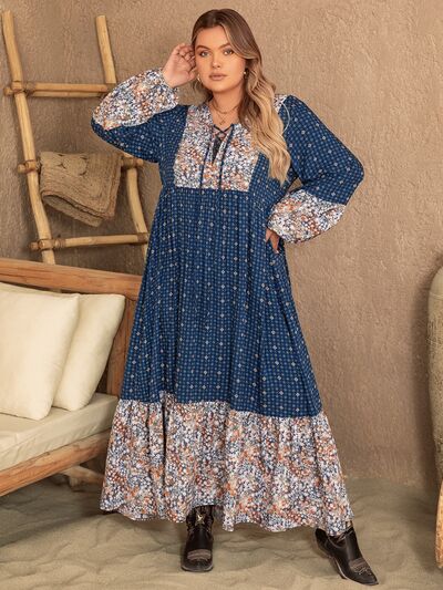 Boho Plus Size Printed Balloon Sleeve Maxi Dress [Spirit and Rebel]   