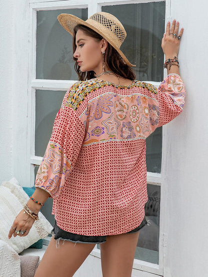 Boho Chic  Plus Size Printed Tie Neck Balloon Sleeve Blouse [Spirit and Rebel]   