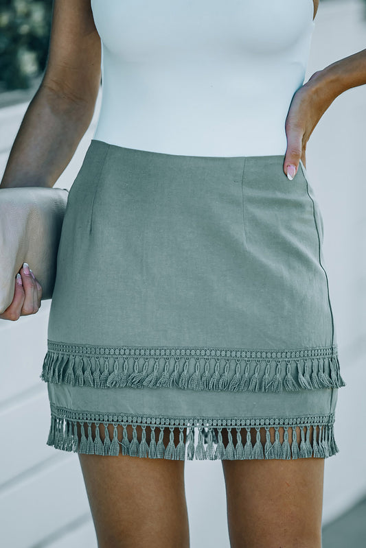 Zip-Back Tassel Hem Mini Boho Skirt [Spirit and Rebel] Sage S 