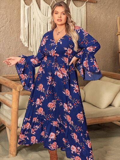 Boho Plus Size Printed Half Button Flare Sleeve Dress [Spirit and Rebel]   