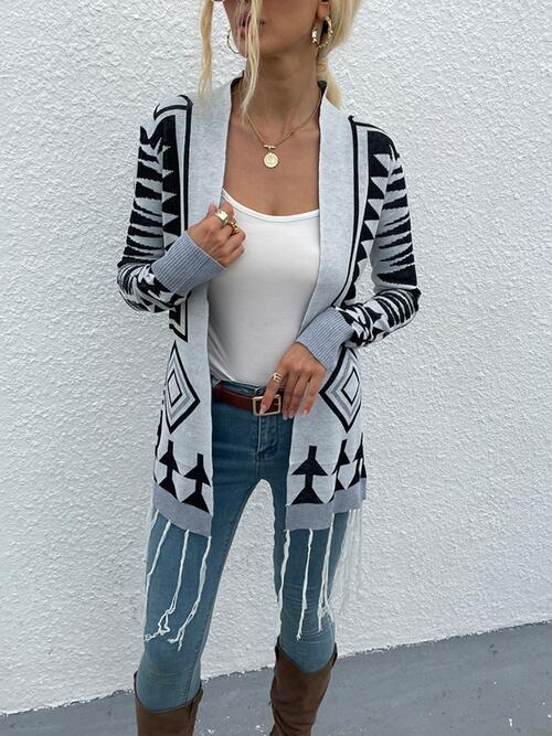 Boho Chic  Geometric Fringe Hem Open Front Cardigan [Spirit and Rebel] Cloudy Blue S 