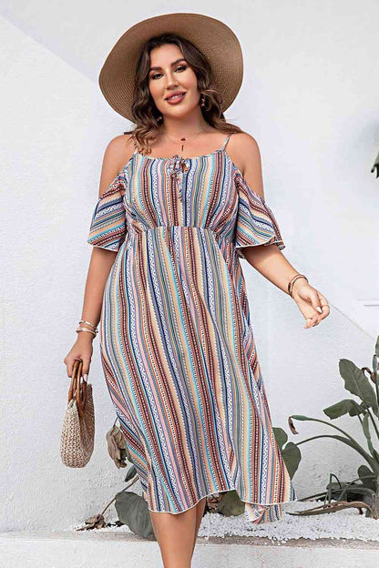 Plus Size Striped Cold-Shoulder Dress [Spirit and Rebel] Multicolor 1XL 