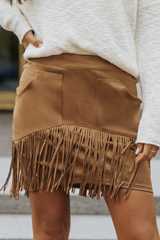 Boho Chic Fringe Detail Zip-Back Skirt with Pockets [Spirit and Rebel] Khaki S 